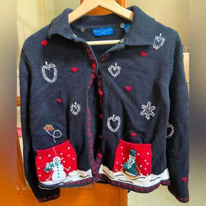 Vintage Karen Scott Christmas sweater snowman knit cardigan women’s small